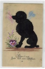 #FG61950 CHIEN ELEGANT CANICHE NOIR CELLULOID FLEURS CARTE A SYSTEME  PENSER A