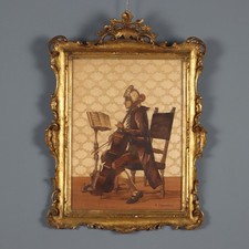 Violoncelliste Tableau Ancien Marqueterie Signé F. Ferrario Années 30