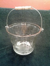 VINTAGE ANCHOR HOCKING GLASS ICE BUCKET BUSHEL BASKET WOOD BAIL HANDLE