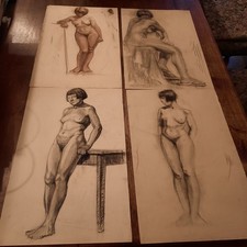 Lot Dessin Ancien Portrait Nu