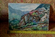 Aquarelle Gouache Léopold Pradère 1869-1941 montagnes Ax Ariège 21x14