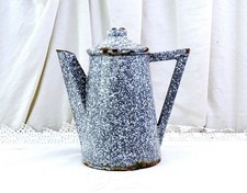 Antique French Art Deco Granitware Gray and White Enamel Coffee Pot, Retro 1920s