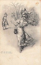 CP ILLUSTREE COUPLE ELEGANT COSTUME CHAPEAU BICORNE PARAPLUIE - TACHETEE 24512