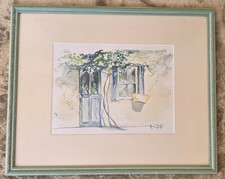 Tableau - Aquarelle signée H Grappin  Façade aux menuiseries bleues