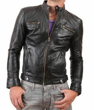 Blouson moto motard coupe slim en cuir véritable d'agneau pour homme...