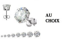 PAIRE BOUCLE D'OREILLE HOMME ACIER NEUF ARGENT RONDE ZIRCON DIAMS 3mm 5mm 8mm..