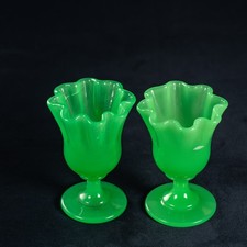 Antique French Opaline Glass Vase Pair Green Uranium Mounted