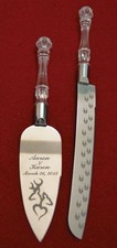 Buck and Doe Deer Heart cake Knife and Server,   Free Names and Date