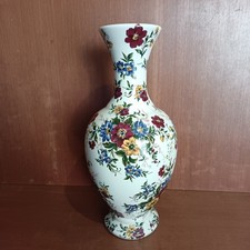 Magnifique Grand Vase En Céramique, Décor Floral, Bleu, Rouge Jaune Vert