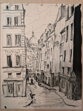 Dessin XXème, Paris, rue Mouffetard ? Pantheon ? Montmartre ? Vers 1950 ? 