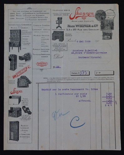 Billhead facture paris 1908 - billhead,