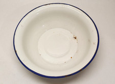 Ancien Bol Petite Cuvette Émaillé Blanc Liseré Bleu D22 cm