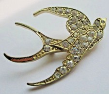 Charmante belle broche hirondelle couleur or cristaux diamant bijou vintage 5163
