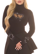 Pull Col Roulé Femme Avec Des Cœurs En Strass Neuf 1972