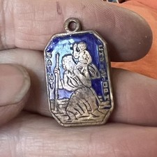 French Brass Medal Saint Christopher 1” Antique Pendant Lourdes Blue Enamel