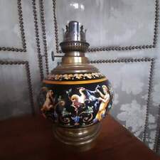 Ancienne lampe à pétrole française en poterie de Gien ;