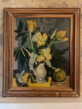 PIERRE THERON , HST "FLEURS JAUNES ET POMME" VERS 1960