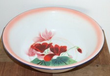 Ancienne grande bassine/cuvette en tôle émaillée à motif floral. Diamètre 36 cm