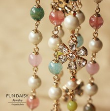 Collier Long Sautoir Chaine Perle Agate Bleu Quartz Rose Trefle Class Retro FUN2