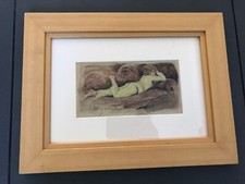 Dessin Aquarelle Art déco - Jeune femme allongée en pyjama jaune - Signé