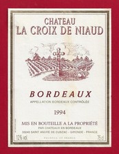 88/30 Etiquette BORDEAUX Château LA CROIX DE NIAUD 1994 mise propr. St André Cub