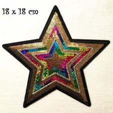 ÉCUSSON PATCH THERMOCOLLANT, GRANDE ÉTOILE SEQUIN DORÉ MULTICOLORE - 18 x 18 cm