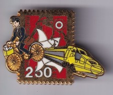 RARE PINS PIN'S .. TRAIN RAILWAYS SNCF TGV  PTT LA POSTE TIMBRE VELO BIG 3D ~GA