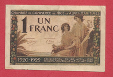 Billet nécessité  1 franc chambre  de commerce de NICE  1920 - 1922 - Série 97