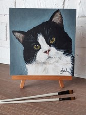 Peinture à l'huile originale chat noir art animalier 8 par 8 yeux verts...