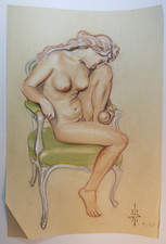 Nu au fauteuil, DESSIN ORIGINAL, NU FEMININ, SIGNE