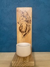 bougeoir bois pyrograver avec tête de renard et porte chauffe plat