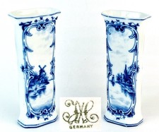 Paire 2 Vases Delft Art Peint à la Main Bateau Moulin Allemagne Um 1900 - 1930