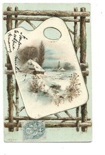 FANTAISIE GAUFFREE - CADRE BOIS - PALETTE DE PEINTRE AVEC PAYSAGE ENNEIGE