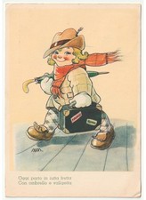 MM Carte Postale D'époque Enfant Écharpe Parapluie Valise Voyage