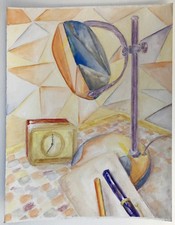 Aquarelle Originale Nature Morte Lampe Réveil Années 1990
