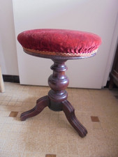 Ancien tabouret de piano tripode en bois style Napoléon III tissu rouge H 51 cm