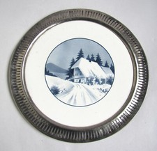 Ancien Plateau en Faïence Décor Maison Neige Cerclage Métal Ajouré