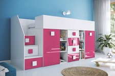 Lit En Hauteur Pour Enfants 90x200cm Blanc Rose Brillant Avec Bureau 80595750