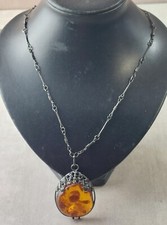Ancien collier avec grand pendentif, ambre et argent massif, vintage, 32 gr