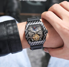 Montre design squelette homme carbone noir luxe or stylé mécanique automatique