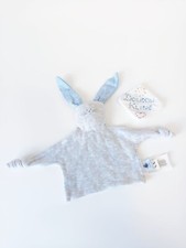 Doudou Plat Lapin Gris Oreille Rayé Blanc Bleu Noeud Attache Tétine Petit Bateau