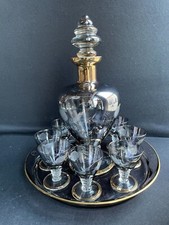 Service à liqueur complet en cristal gris argenté et doré gravé – Art déco