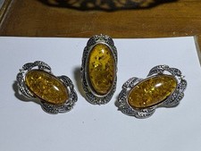 Parure Boucles D’oreilles + Bague Argent Ambre Baltique Cabochon Scarabée