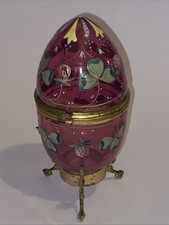 BOÎTE À BIJOUX ANCIENNE Oeuf EN VERRE ÉMAILLÉ -  FLEURS Trèfle Chardon