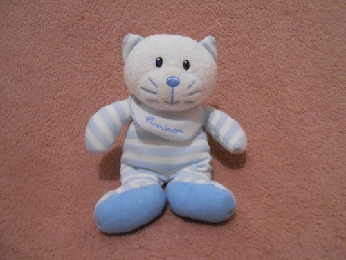 Doudou chat blanc rayé bleu