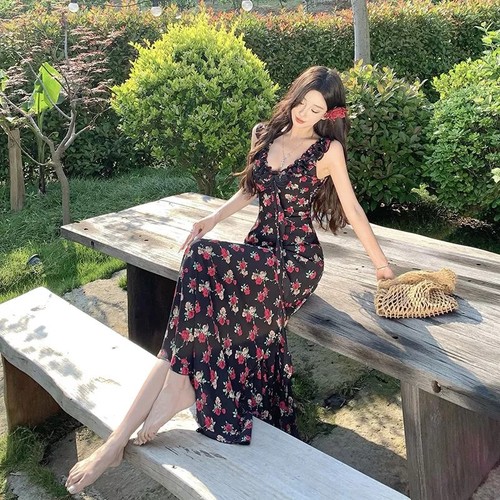 Robe noire long fleurs - noire,