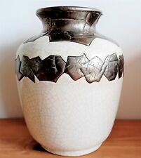 LONGWY - Vase boule à col en faïence craquelée décors géométrique - CIRCA 1960