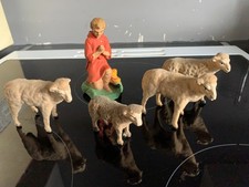 Ancien Santon Devineau berger à genou + 4 moutons floqué pattes allumette crèche