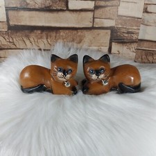 PAIRES EN BOIS CHAT assis sculpté à la main statue figurine artisanale décora...