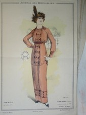 BELLE GRAVURE DE MODE COULEUR FEMME COSTUME CHIEN COIFFE ROBE DECORATION 1913 E